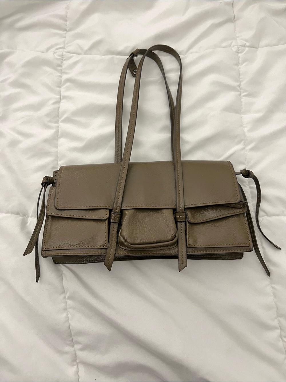 Zara olive green faux leather shoulder bag with pockets